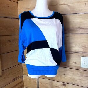 Colorblock Sweater Womens Large Blue Geometric Dolman Batwing Button Back Lole